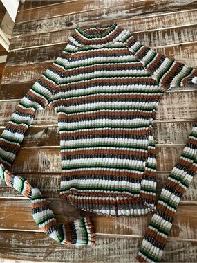 Free People Striped Ribbed Long Sleeve Top in Brown, White, Green, Black